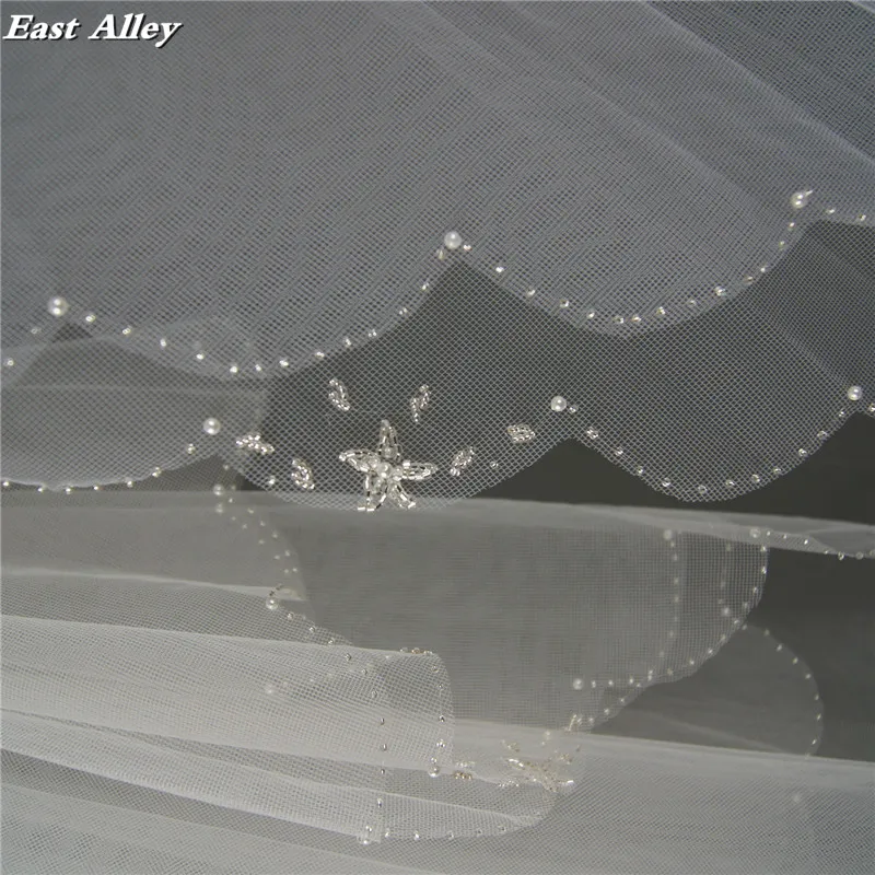 New Style White Bead Edge 2 Tier Fingertip Bridal Veil Beaded Wedding Veil with Pentagram