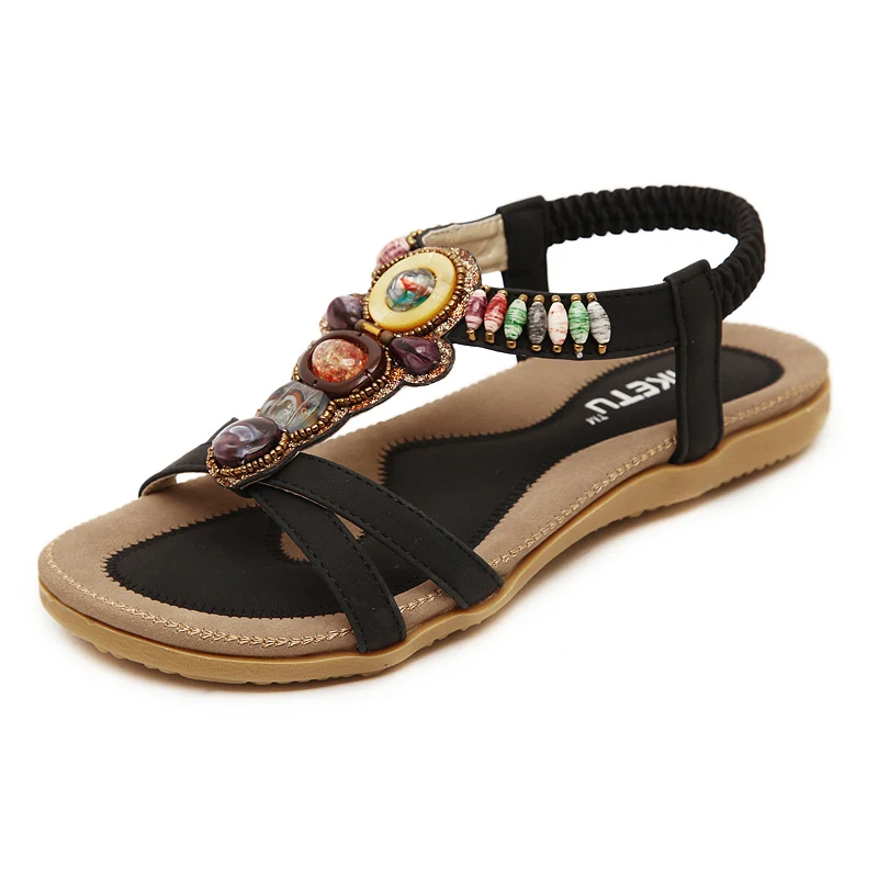 2024 summer new woman sandals stylish casual comfort Bohemia non-slip flat sandals beaded female beach shoes plus size