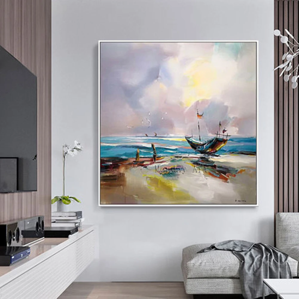 

Large 100% hand-painted abstract seaboat oil painting on canvas wall art landscape artwork wall picture for living room bedroom