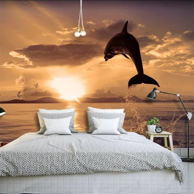 

beibehang Custom wallpaper 3d photo murals HD dusk seascape dolphin natural landscape background wall paper 3d papel de parede