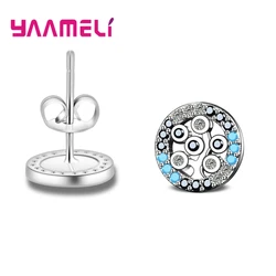 New Korea Style Round Stud Earrings For Women 925 Sterling Silver Color Shiny Crystals Full Paved Round Stud Earrings