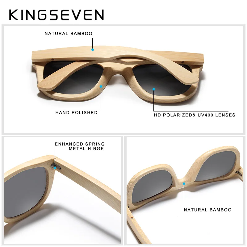 KINGSEVEN-Lunettes de soleil rétro en bambou pour hommes et femmes, miroir polarisé, UV400, lunettes de protection des yeux, plein cadre, nuances de bois, lunettes faites à la main