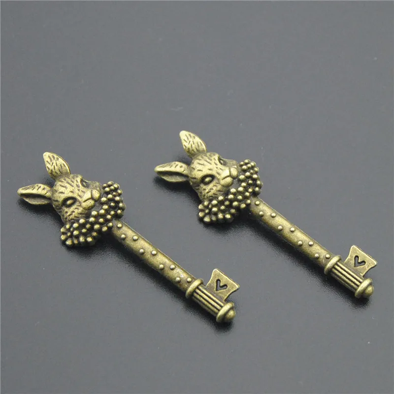 5pcs Bronze/Silver Color Easter Bunny Rabbit Key Charm Pendant DIY Necklace Jewellry Findings 51x16mm