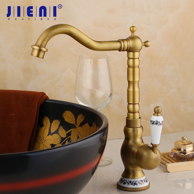 

JIENI NEW Antique brass Finish Kitchen Sink Swivel Faucet Mixer Taps Vanity Brass Ceramic Handle Faucet Mixer Tap Faucet