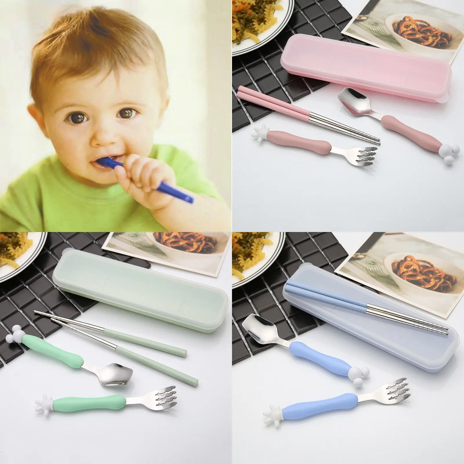 4pc/set Stainless Steel Cutlery set Dinner Spoon Fork Chopstick Kids Cutlery Portable Child Flatware with Case Christmas Gift