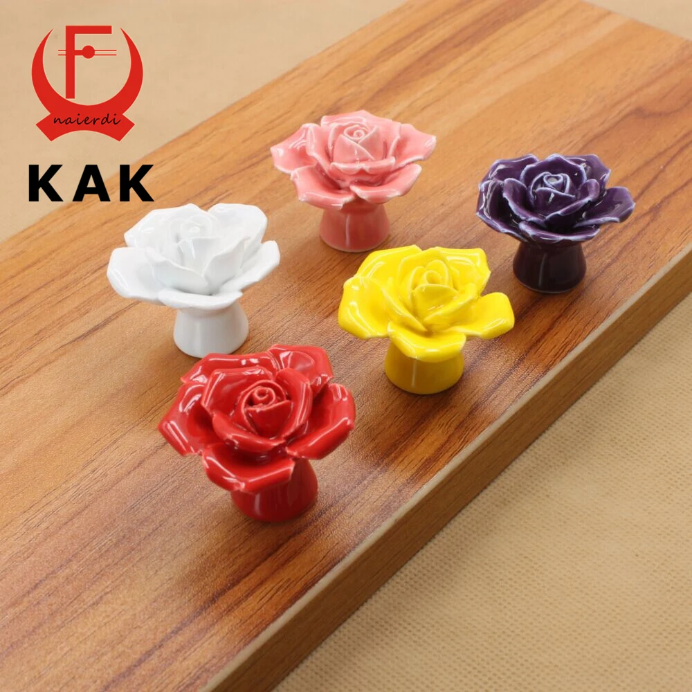 KAK Ceramic Flower Rose Drawer Knobs Rural Cabinet Cupboard handles 41mm diameter 34mm height Fashion Furniture Handles Hardware
