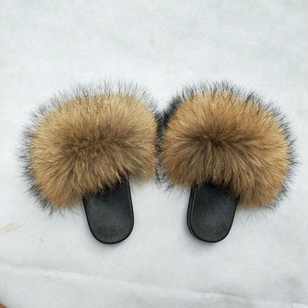 Wholesale Custom Design Women soft Fur Slides With Real fluffy Fox Fur Slippers for Summer Fur Sandals sexy Lady