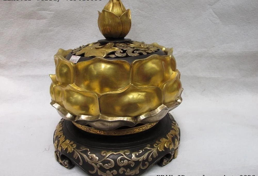 Tibet Pure Bronze Copper 24K Gold Silver-Gilt Lotus Flower Incense Burner Censer