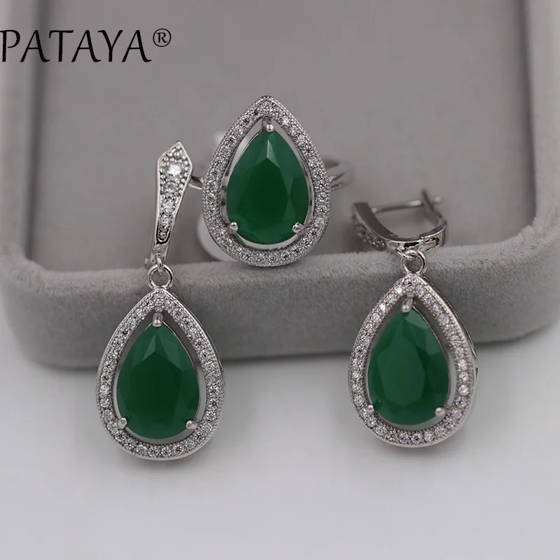 

PATAYA True White Gold Color Jewelry Sets Green Water Drop Natural Zircon Earrings Ring Set Women Romantic Wedding Party Jewelry