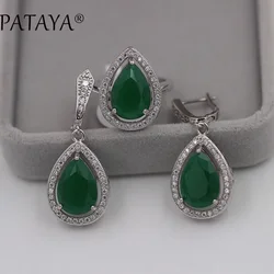 PATAYA True White Gold Color Jewelry Sets Green Water Drop Natural Zircon Earrings Ring Set Women Romantic Wedding Party Jewelry