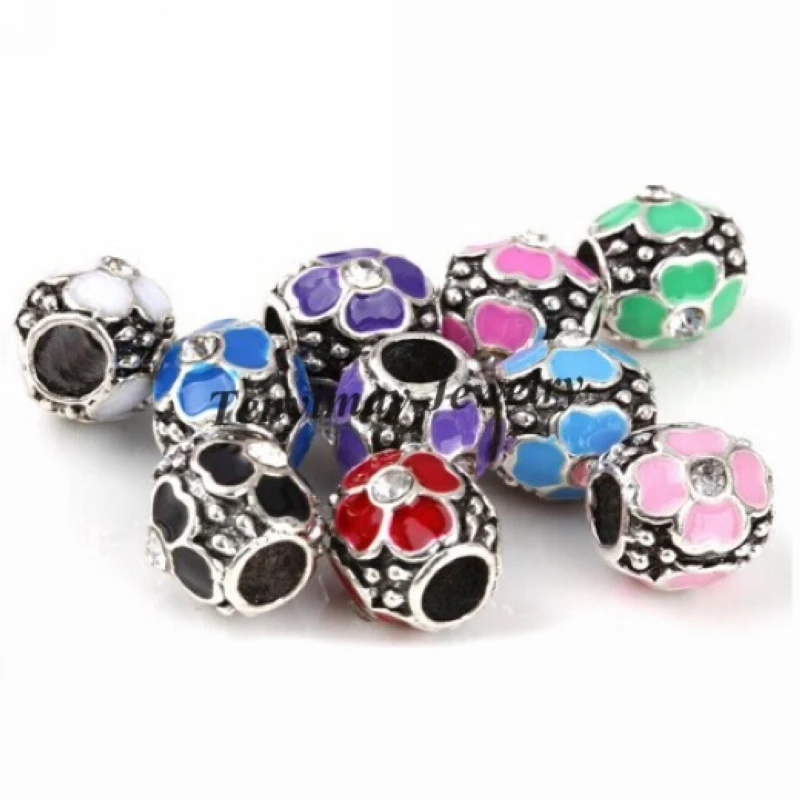 

Retro Flower Rhinestone Big Hole Beads For Snake Chain Bracelet DIY 50pcs Wholesale