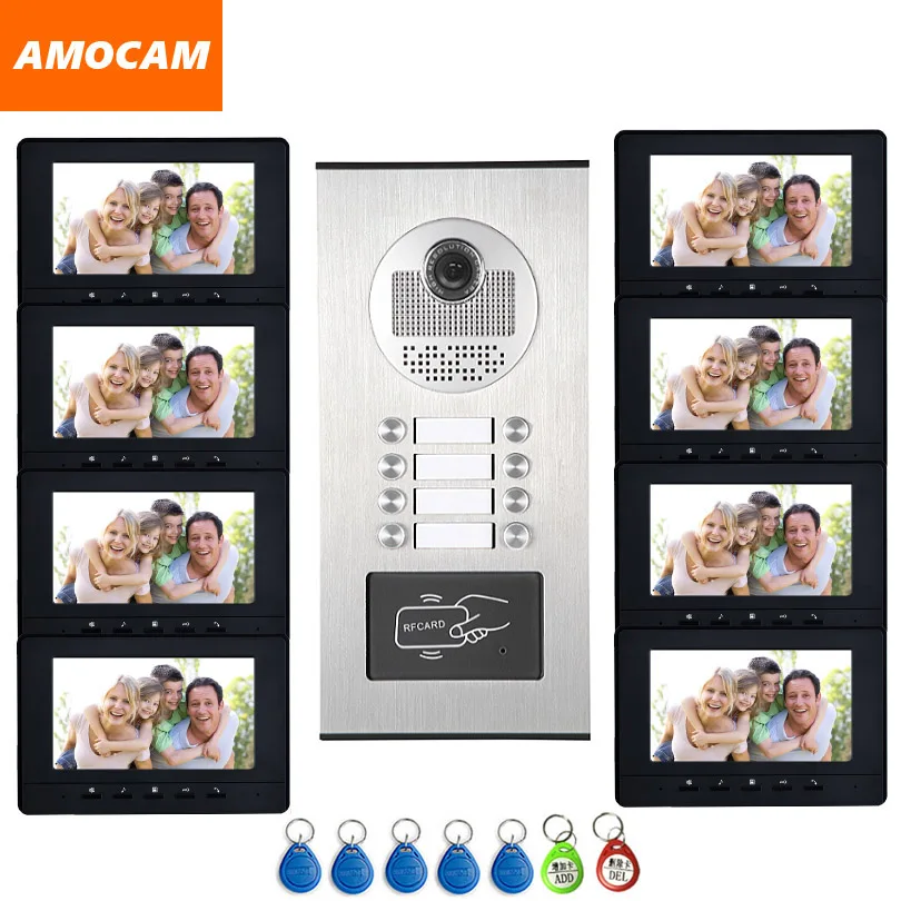 

7'' Monitor Video Intercom RFID Camera Video Doorbell with 6 / 8 / 10/ 12 Units Video Door Phone 500 user for multi Apartments