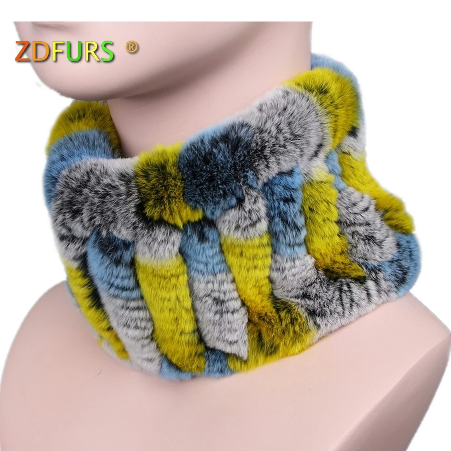 

ZDFURS * Women real fur Handmade Stretch fur scarf Knit Genuine Rex Rabbit Fur Headbands Girls Natural Fur Ring Scarves Winter