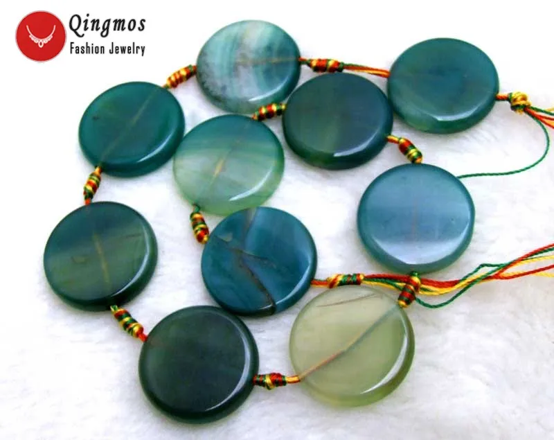 

Qingmos 28mm Coin Round Green Striped Natural Agates Loose Beads for Jewelry Making Necklace Bracelet DIY 15'' los662 Free Ship