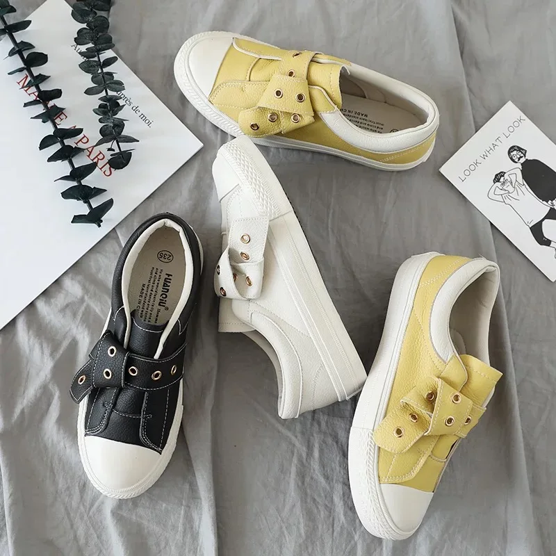 Women Leather Shoes Girl Casual Sneakers Waterproof Yellow Beige Black Leisure Shoes Female Student 35-40 All Match Nice Quality