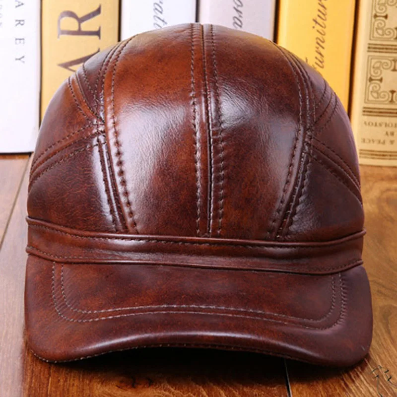 Wholesale 2024 Winter New Head Layer Cowhide Hat Men Casual Baseball Cap Hat Ear Warm High Quality Real Leather Peaked Cap