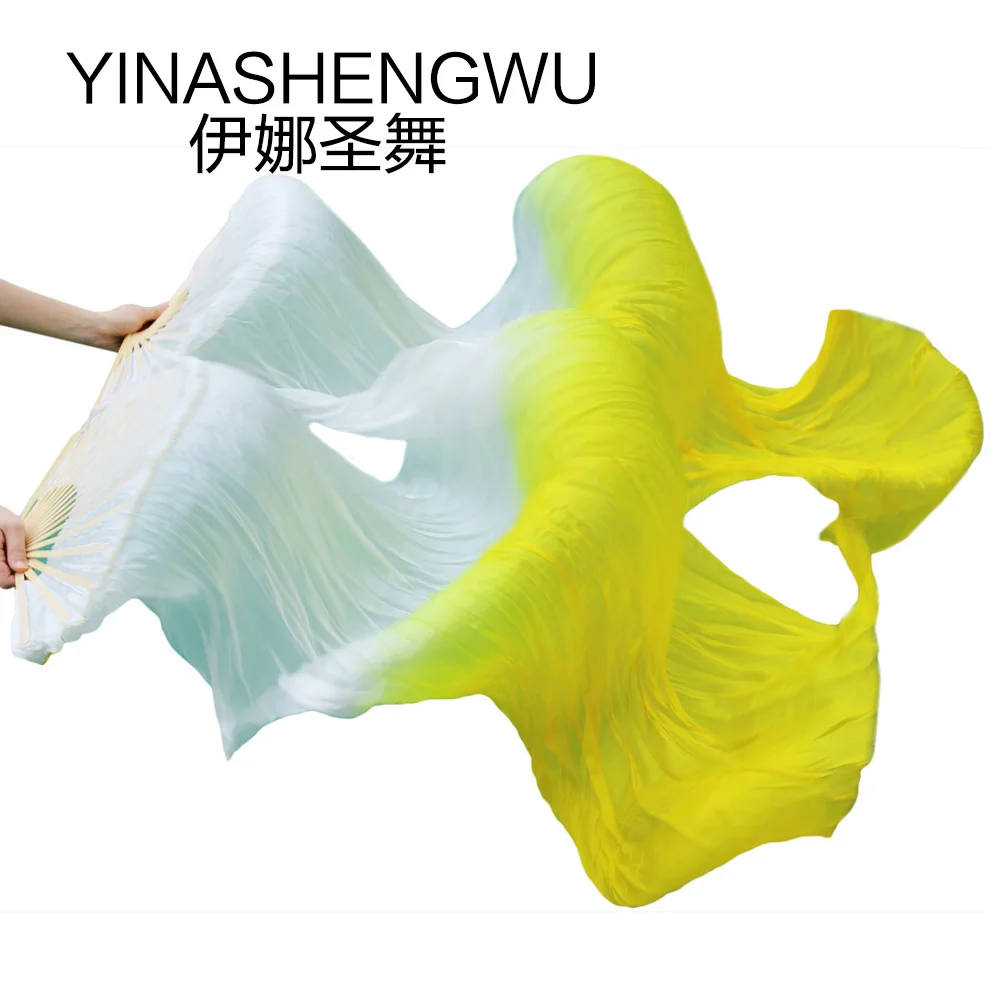 Handmade Bamboo Ribs Dance Props Silk Belly Dance Fans Natural Silk 1 Pc Left hand+1 Pc Right Hand Dancing Silk Fan white+yellow