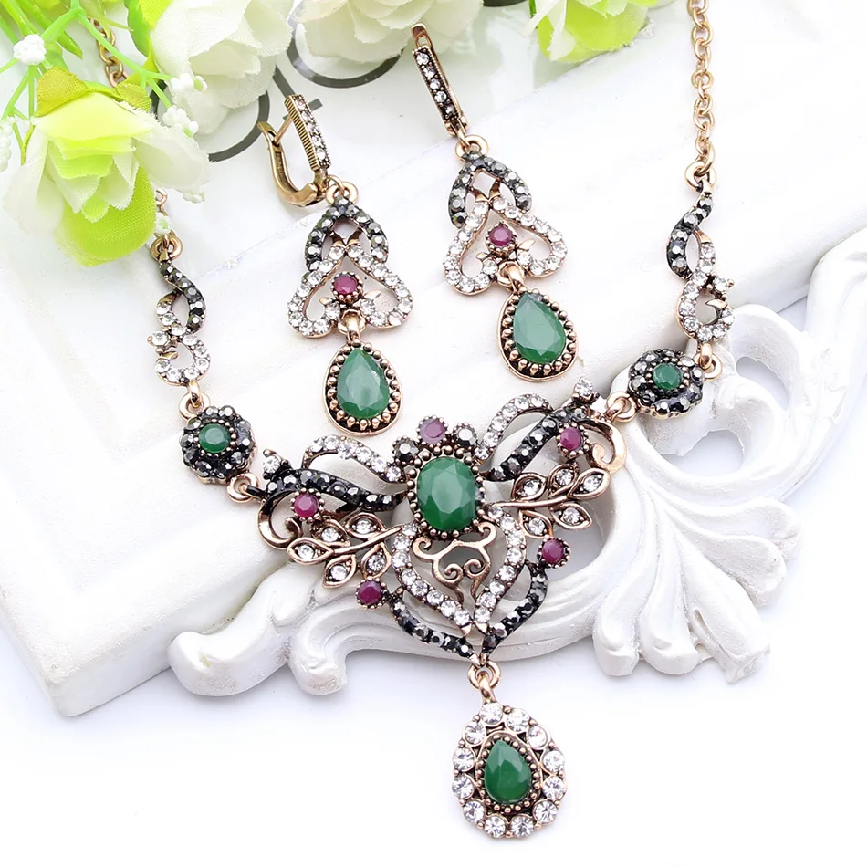 Sunspicems Vintage Indian Jewelry Sets Women Drop Earrings Necklace Bohemia Flower Wedding Jewelry Retro Gold Color Turks Jewels