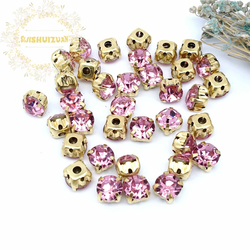 New 3mm 4mm 5mm 7mm 8mm Pink Gold Claws Sew-on Round Rhinestones For Needlework DIY Glass Crystals Stones Clothes Wedding Dress