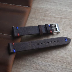 Onthelevel 18mm 20mm 22mm Vintage Leather Watch Strap Handmade Retro Watchband With Stitching Red Blue Line #D