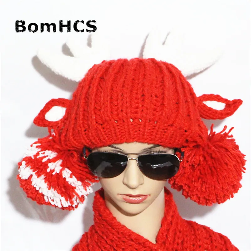 BomHCS Cute Antlers Hat+scarf+gloves Suit Winter Handmade Knitted Warmer Gift Beanie Neckerchief Mittens