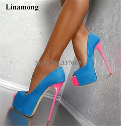 Brand Design Women Sexy Peep Toe Blue Suede Denim High Platform Pumps Slip-on Patchwork Pink Heel Shoes Dress High Heels