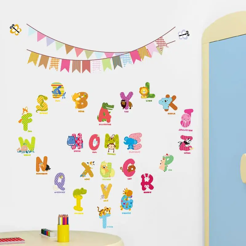 Cute English Alphabet Colorful Flags Animals Wall Stickers Kids Room Decoration Diy Wall Decals Art Peel And Stick Party Decor