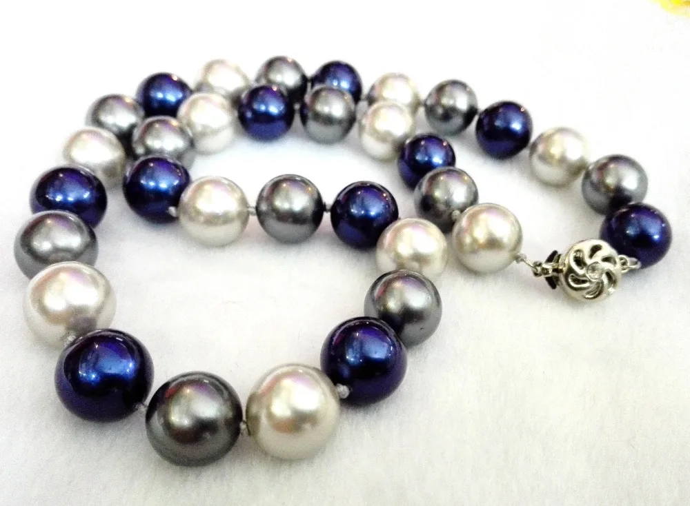 jewelry set 12mm blue gray Round bead necklace 10mm black colors stud earring Natural South Sea Shell Pearl  45cm 18''