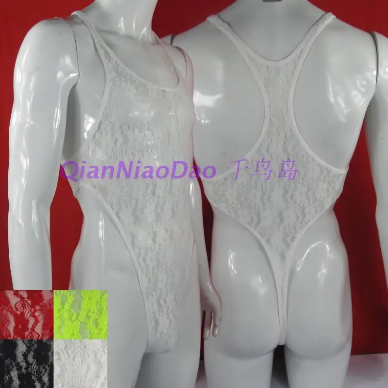 

Mens bodysuit underwear lace sexy transparent frog racer neck thong leotard