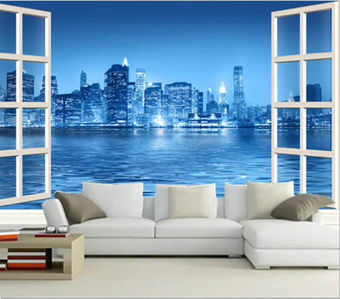 

The latest 3D murals, 3d blue city outside the window ,beautiful night, living room TV sofa bedroom background wall paper