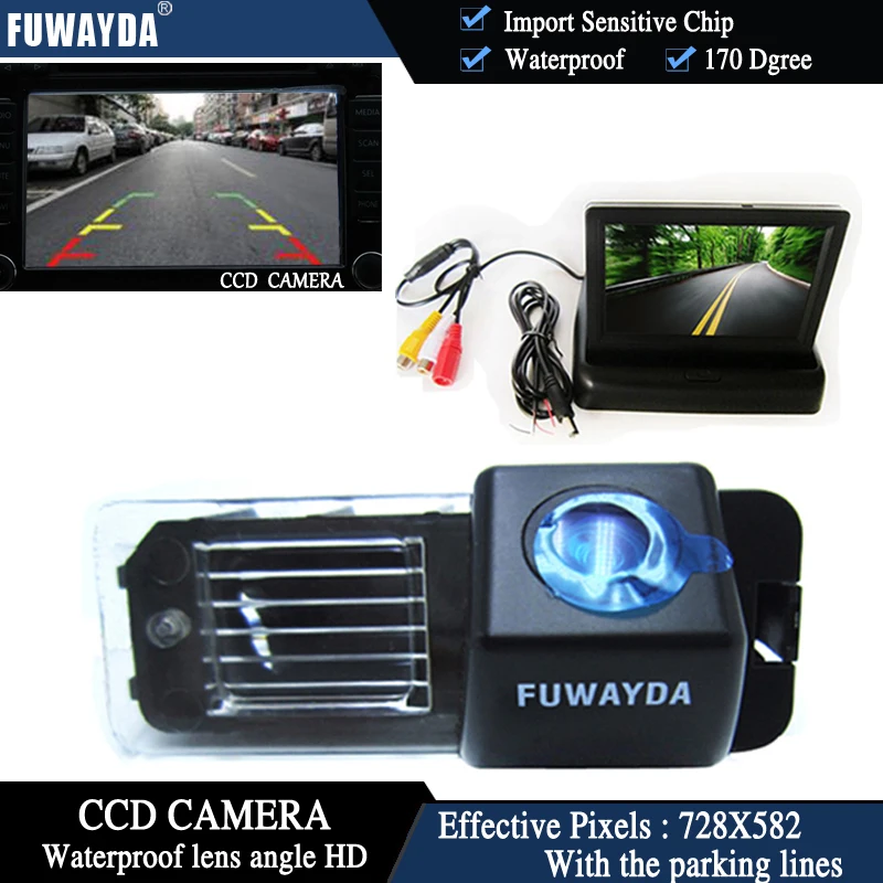 FUWAYDA Color CCD Chip Car Rear View Camera for VW Volkswagen Polo V (6R)/ Golf 6 VI/ Passat CC + 4.3 Inch foldable LCD Monitor