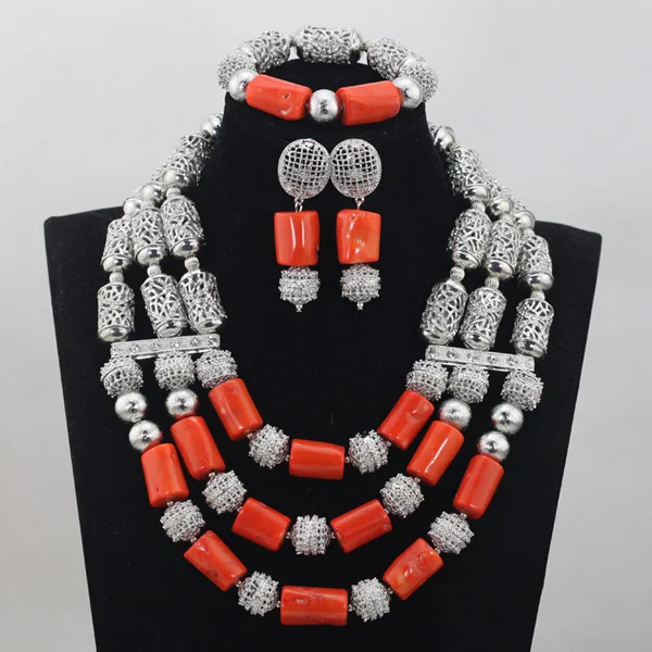 

Latest New Coral Beaded Necklace Bracelet Earrings Set Vintage Silver Bridesmaid Costume Jewelry Set Coral Free ShipABL901