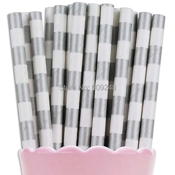 100 Pcs Mixed Colors Biodegradable Decorative Christmas Wedding Party Metallic Silver Ring Circle Sailor Striped Paper Straws