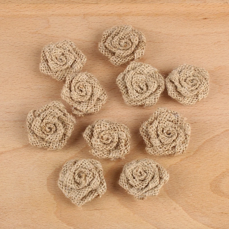 10 stücke Mini Größe handgemachte Jute hessische Sac kleinen Rose Blume DIY Handwerk Baby party rustikale Hochzeit Dekor Vintage Hochzeits dekoration