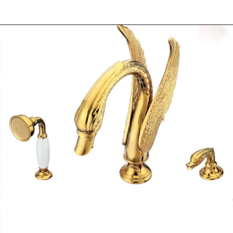 OUBONI Golden Polish Swan Bathroom Bathtub Basin Faucet 5 Pcs Deck Mounted Shower Hand Sprayer Gold Plated Bathtub Mixer Faucet