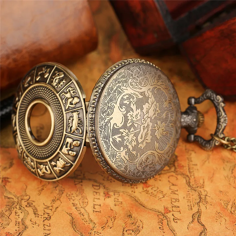 Retro Bronze Zodiac Constellation Case Hollow Necklace Pocket Watch Modern Australia Map Pendant Fashion FOB Chain Jewelry Clock