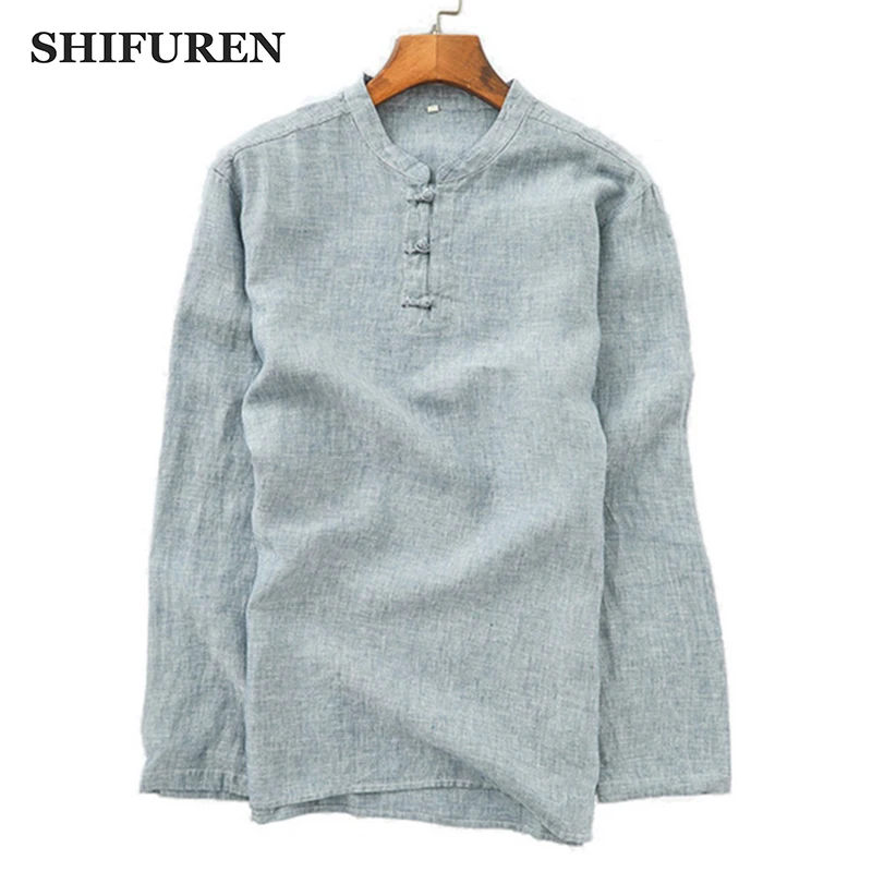 

SHIFUREN 2019 Spring Men Cotton Linen Shirts Long Sleeve Retro Chinese Style Soft Breathable Male Social Shirts Tops Blouse