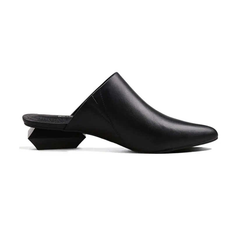Mules Women Slippers Genuine Leather Pointed Toe 3cm Strange Heel Spring Autumn High Heels Shoes Gray Black White HL033 MUYISEXI