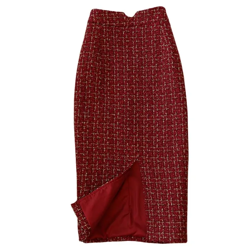 New arrival tweed woolen skirt women High waist office lady split pencil skirt