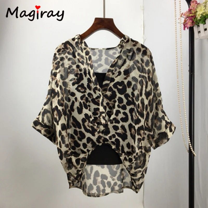 Magiray Batwing 3/4 Sleeve Chiffon Blouse Women 2020 Summer See Through White Shirt Leopard Cover Up High Low Female Top C169