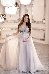 Sequin Maternity Evening Dresses Pregnant Women With Tulle Sleeveless A-line Sexy V-neck Illusion Prom Party Gown 20214 платье