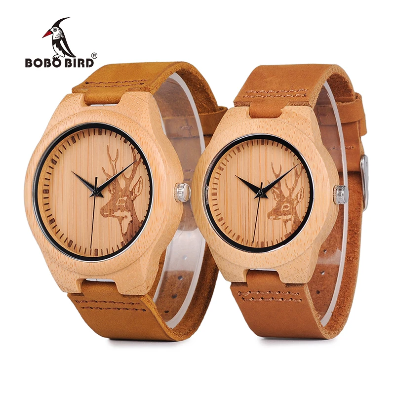 BOBO BIRD-Reloj de pulsera de piel auténtica para hombre y mujer, accesorio de pulsera con diseño de alce y cabeza de ciervo, complemento masculino