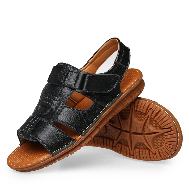 2019 new Men Sandals Summer Hollow Out Breathable Genuine Leather Casual For Driving Moccasins  Flat Men Sandals