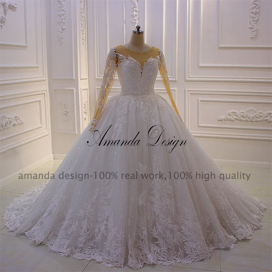 Amanda Design Hot Sale O-Neck Long Sleeve Lace Applique Crystal Wedding Dress Customized