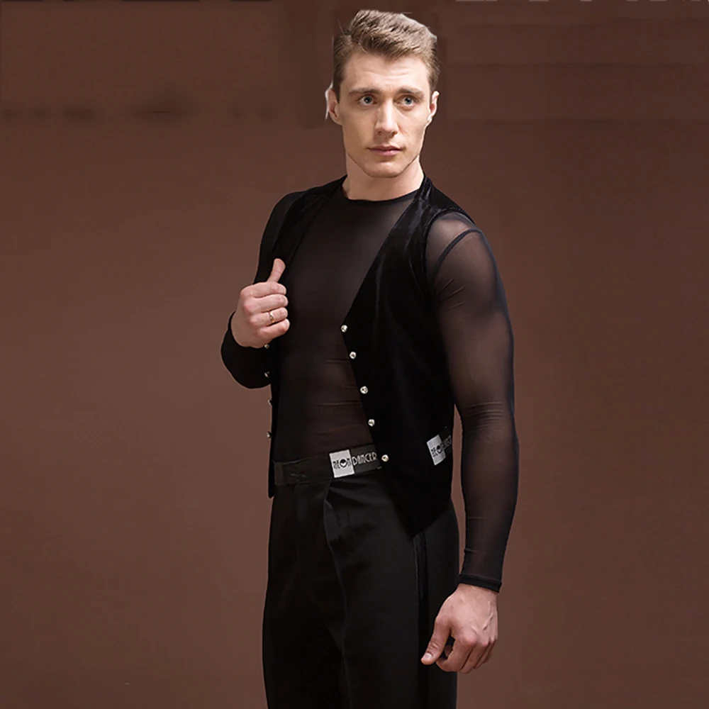 

Hot Sale Latin Dance Shirt For Males Black Customize Size Fringe Tops Standard Men Professional Competitive Ballroom Wear E026