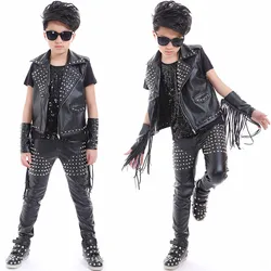 Boys Hip Hop Dance Jazz Stage Costumes For Kids Studded Black Leather Pants Jacket Vest Stage Performance Wear Clothes DNV10045