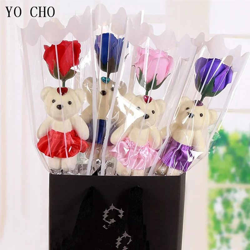 YO CHO Artificial Flower Bouquet Romantic Bear of Roses Valentine's Day Gifts  Soap Flower  Wedding Decoration  Party  Wholesale