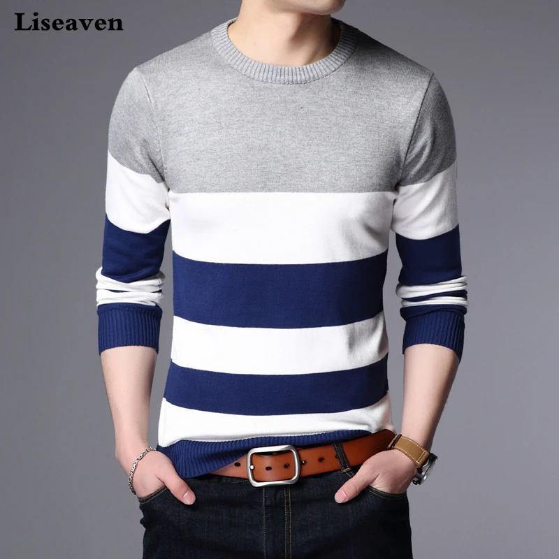 Liseaven-suéter de cachemira para hombre, Jersey informal de marca a rayas, prendas de vestir exteriores
