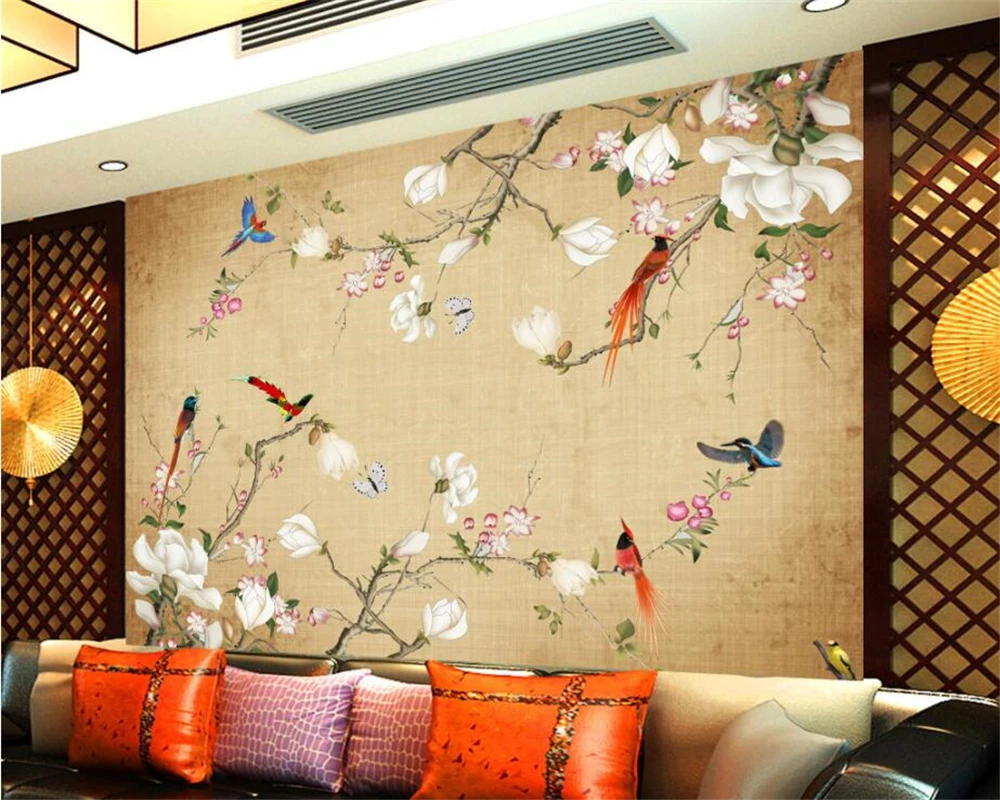 

Beibehang Custom Wallpaper European Hand Painted Brush Flower Birds Backdrop Living Room Bedroom Sofa TV mural 3D wallpaper