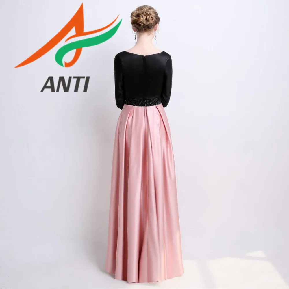 ANTI Elegant Long-Sleeved Pleated Evening Gown, Pink and Black Beaded Party Annual Meeting Host Performance Costume